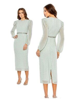 MAC DUGGAL Mint Green Long Puff Sleeve 93622 Beaded Midi Dress Size 10 New
